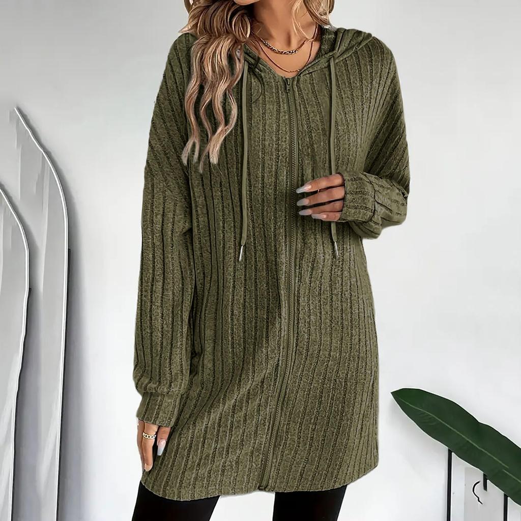 Women’s Casual Long Sleeve Ribbed Knit Zip Up Hooded Cardigan Jacket Lightweight Open Front Outerwear Sweater Coat
