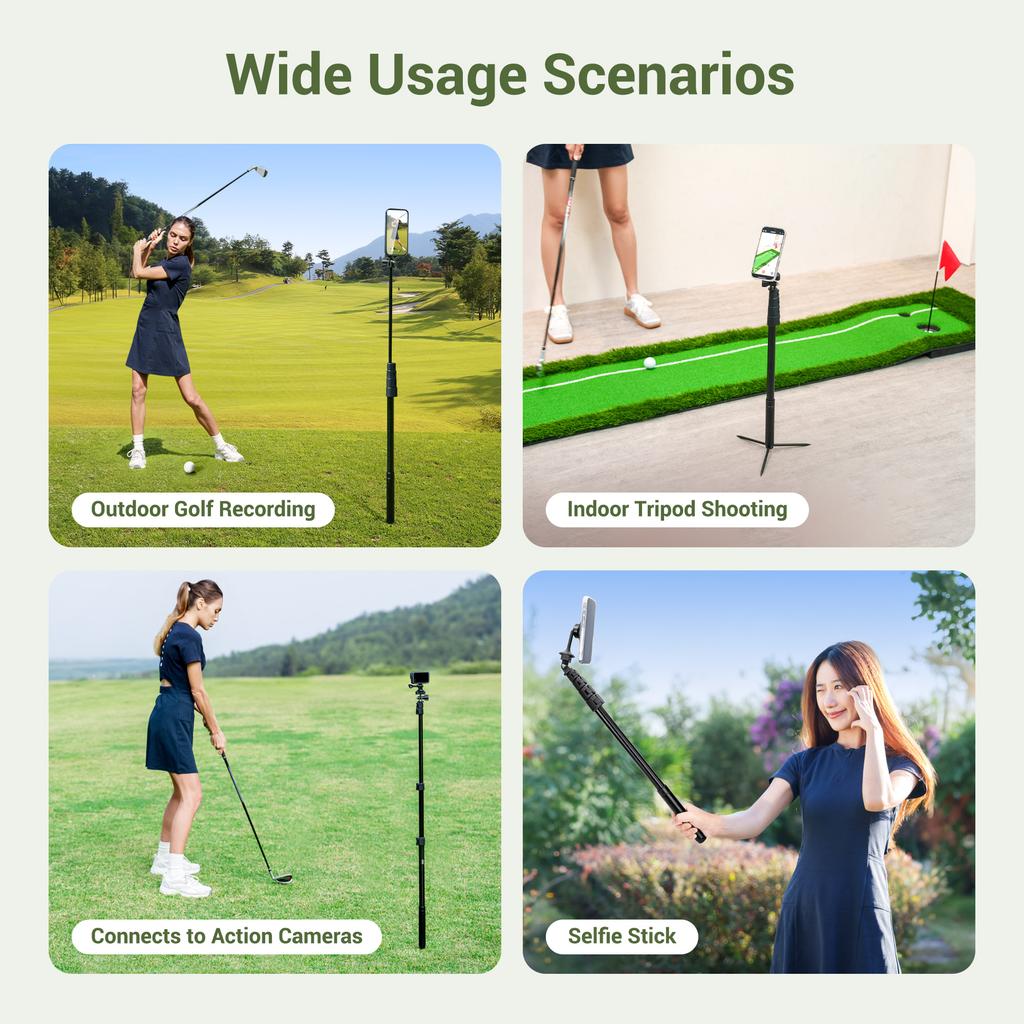 Golf Monopod Selfie Stick with Ground Spike Stakes Magnetic Tripod Stand for Golf Traing Aid Swing Recording for iPhone Osmo 360