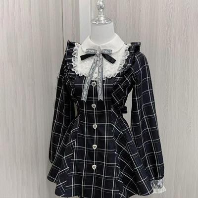 Harajuku Süße Schleife Schwarz Plaid Kleider Alle-spiel Slim Fit Kawaii Lolita Kleid für Frauen Herbst Neue Langarm