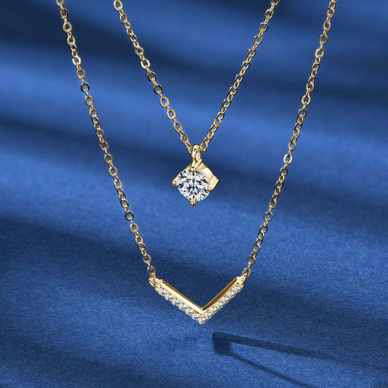 Anziw V Letter 5mm Moissanite Pendant Double Layer Necklace for Women 925 Silver Chain Clavicle New Jewelry Gifts
