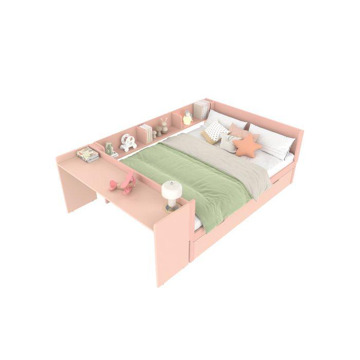 Lit Double - MUVOE - 140x200cm - Bois Massif - Bureau Intégré - Rose