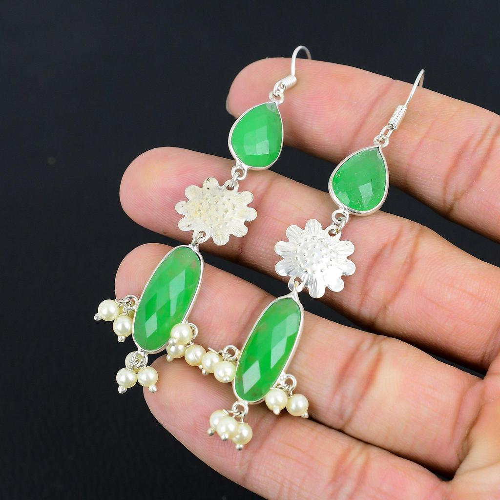 925 Silver Oval Green Kyanite Stone Dangle Drop Ethnic Throat Chakra Earrings