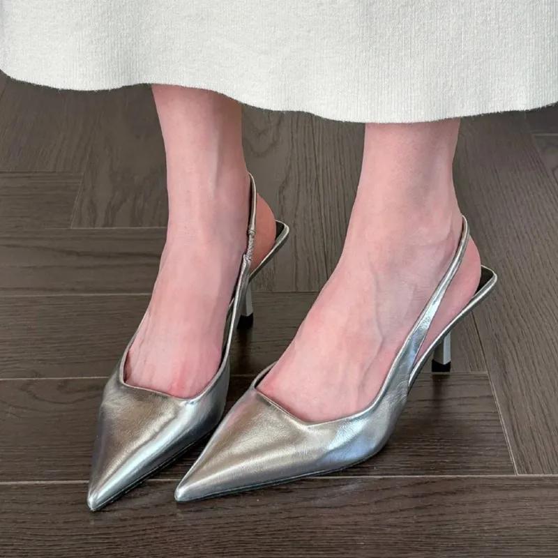 New Women's Sandals Pointed Toe Slingbacks Gold High Heels Dress Shoes Silver Pumps  Summer Wedding Shoe  Mujer