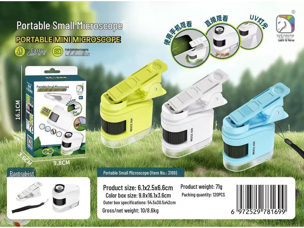 Xueyouma bärbara mikroskopsats: Uppgraderat 3-i-1-set med dubbel ljuskälla och objektglas för prover