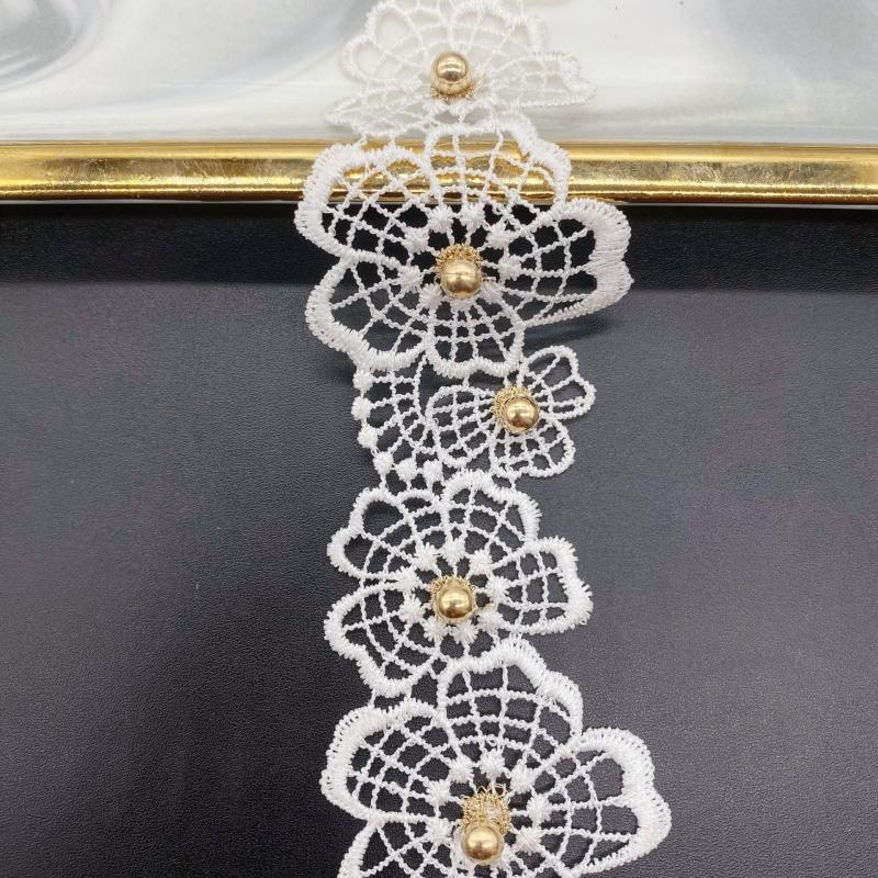 

Delicate water soluble embroidery Gold beaded flower lace DIY fashion dress Pants skirt Bra underwear trim Sewing materials 1 yard белый