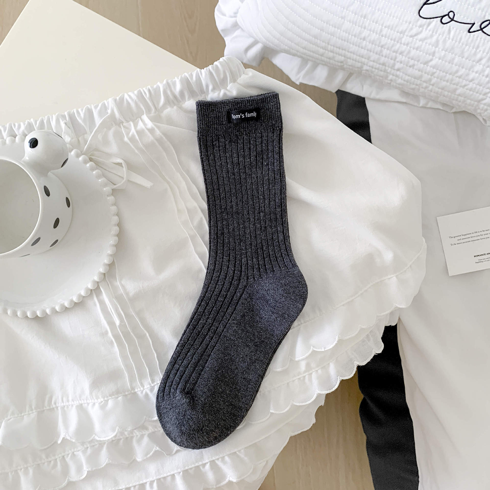 

Женские весенне-осенние носки-гольфы с надписью из ткани, бесшовные, в рубчик 1 pair темно-серого