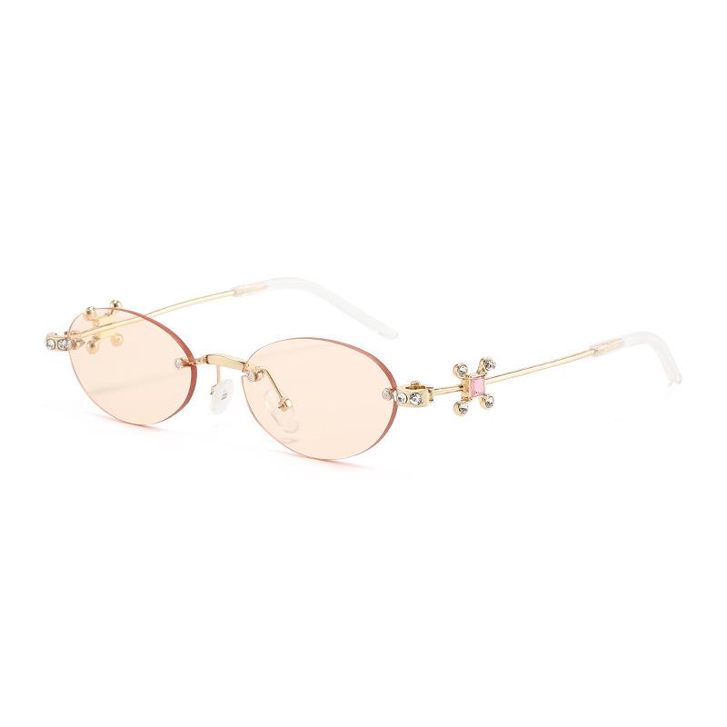 Jennie Style Frameless Oval Sunglasses with Rhinestones & Anti-Blue Light Lenses