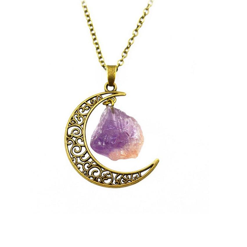 Vintage Mond Naturkristall Stein Halskette - Handgefertigte Legierung Pulloverkette