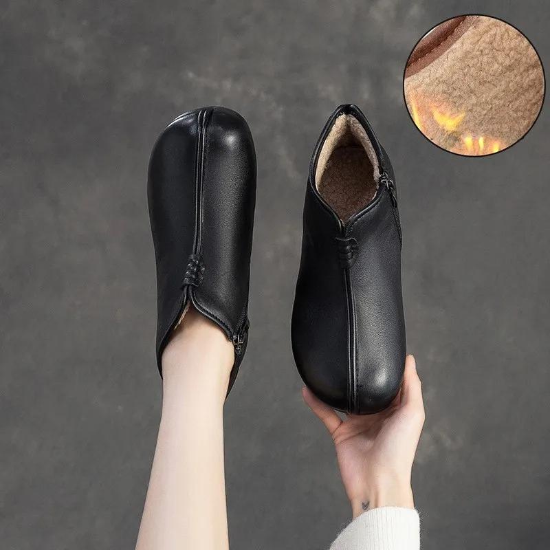 Johnature Genuine Leather Plush Warm Cotton Shoes Round Toe Flat Ankle Boots Commuting Women's Shoes