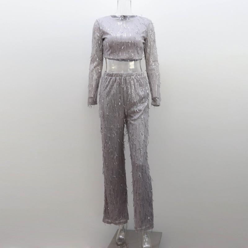 

Женские комплекты из 2 предметов с кисточками и блестками, серебристые яркие шелковые укороченные топы с круглым вырезом, широкие брюки, женские брючные костюмы, модный уличный женский комплект, легант... S