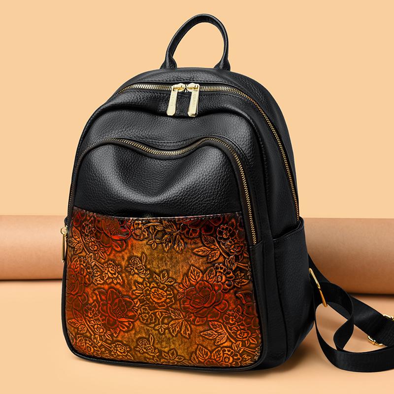 Vintage Embossing Women Large Capacity Backpack Leather Vintage Bag for Women School Bag Travel Rucksack Ladies Bookbag Knapsack