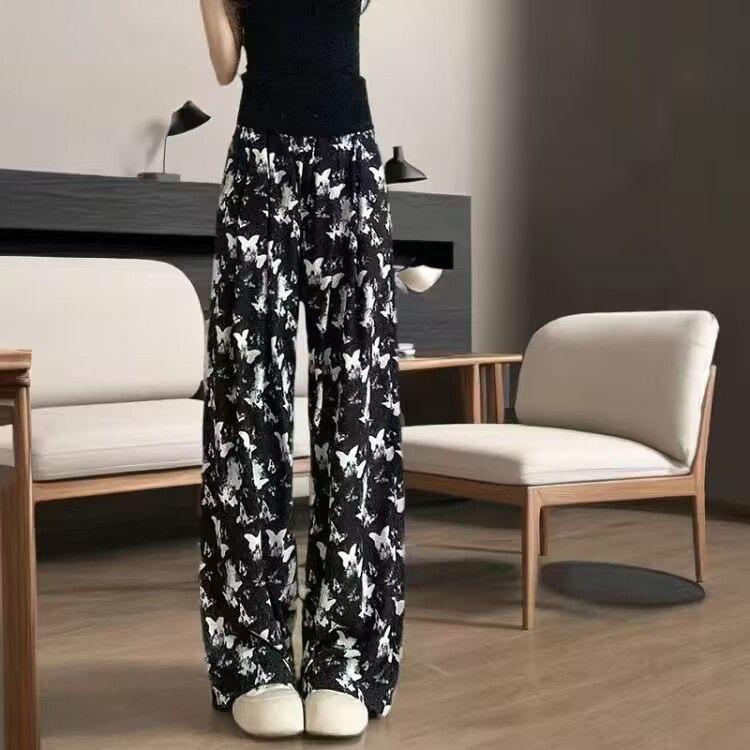 

Summer Thin Sun Protection Drooping Wide-leg Women s Pants Ink Painting Chinese Style Butterfly Casual Pants for Women L чорний