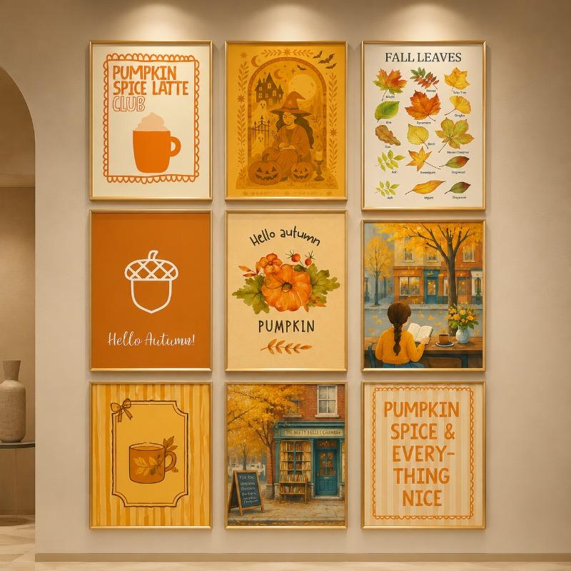 Vintage Fall Pumpkin Canvas Gallery Prints Witch Maple Leaf Typography Autumn Wall Art Farmhouse Thanksgiving Home Decor Gift