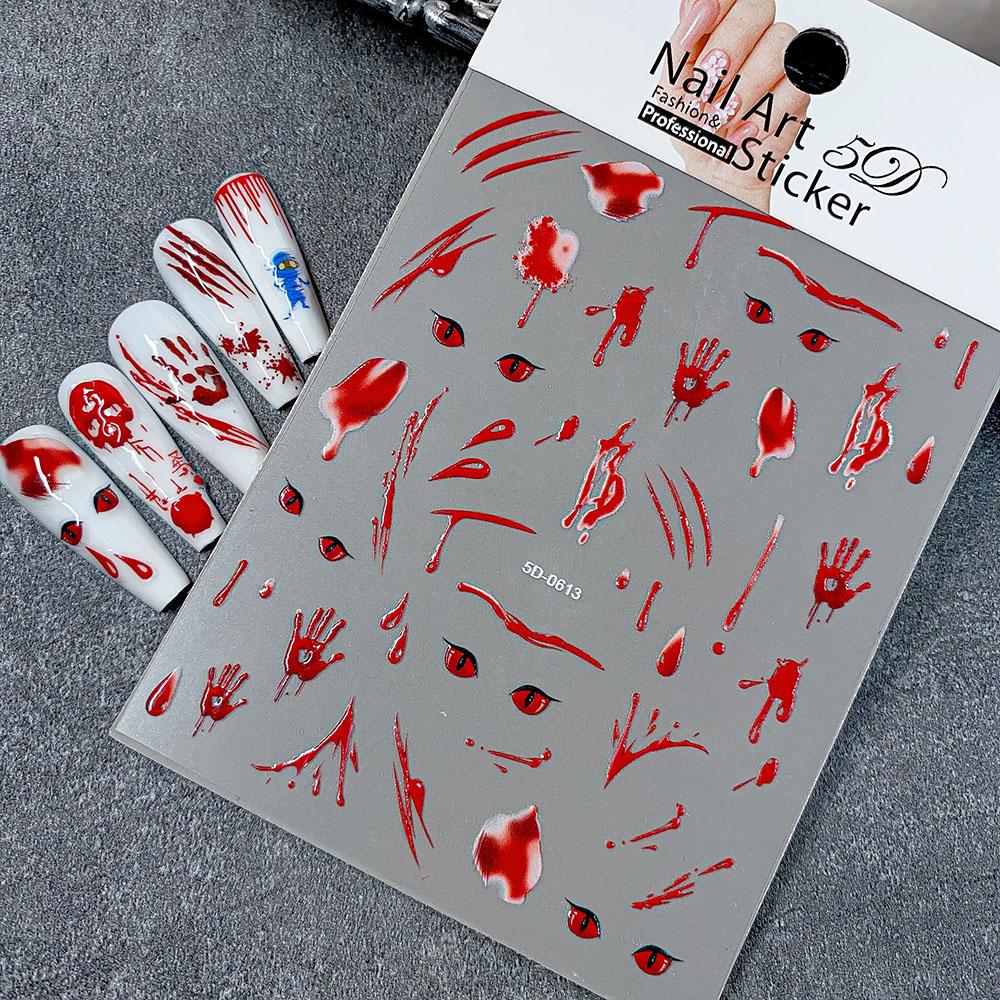 1pcs Bloody Hand Halloween Nail Sticker 5D Embossed Scary Blood Red Blood Nail Decals Halloween Party Self Adhesive Nails Decora