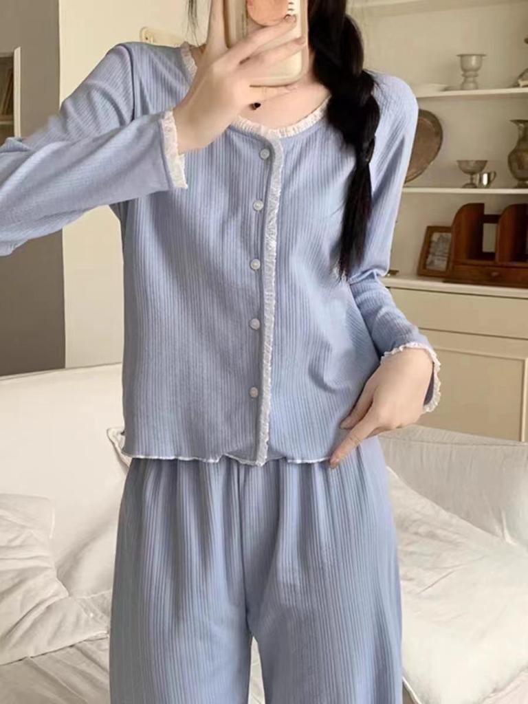 Korean Style Sweet Pajama Set for Girls: Cardigan Long Sleeve with Chest Pads, Wear Outside, Spring/Autumn Casual.