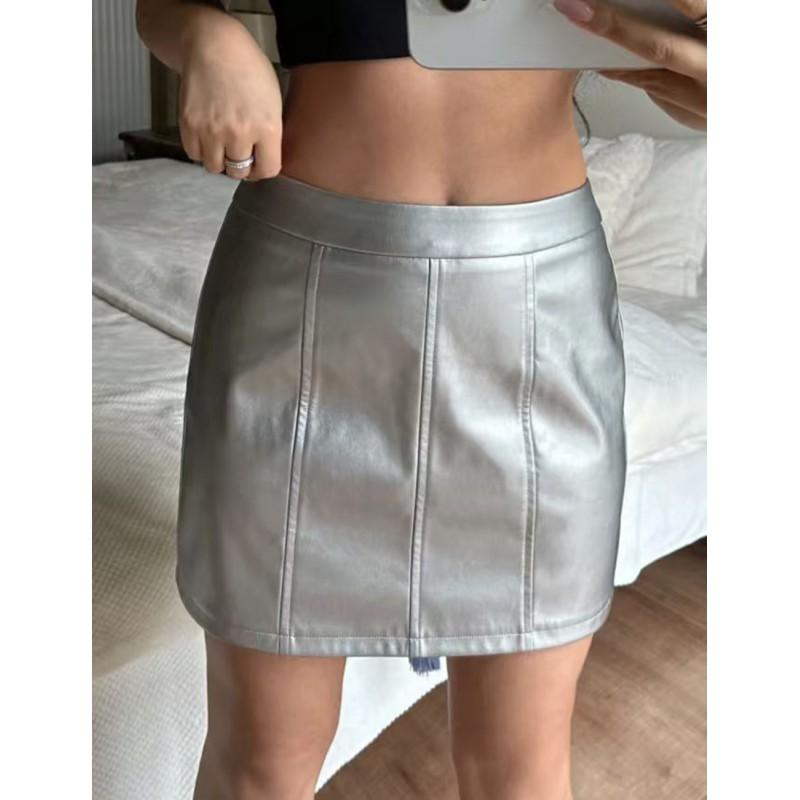 Vintage PU Leather A-Line Mini Skirt High Waist Slim Fit Versatile Party Women