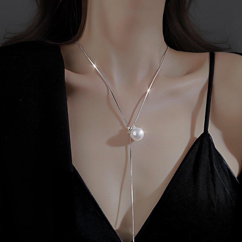 Fashion Zinc Alloy Color Pearl Tassel Necklace For Women Simple Metal Snake Bone Chain Pull Adjustable Sweater Chain Zircon Gifts