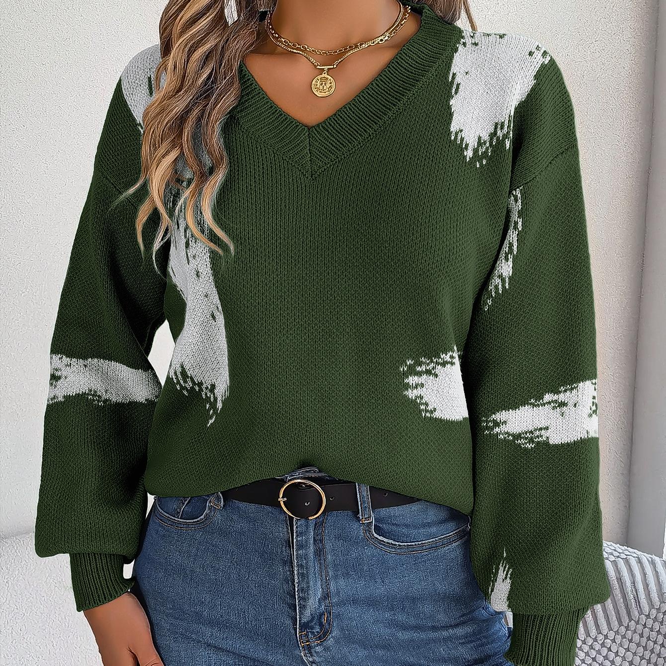 

GMXIA Женская мода, повседневный свитер в полоску, осень-зима, с длинным рукавом, v-образным вырезом, свободный цвет, контрастный свитер с рукавами-фонариками L темно-зеленого