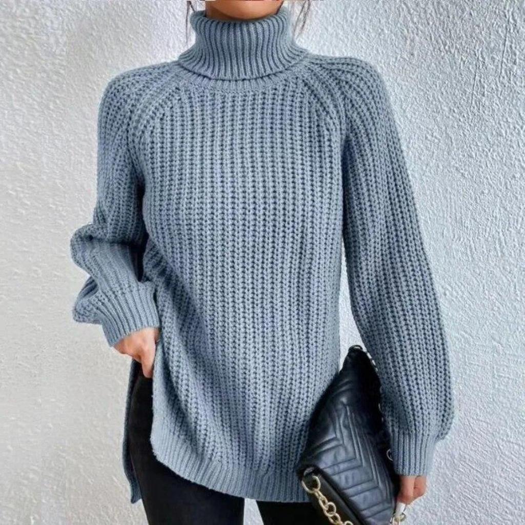 Autumn/Winter Soft Knitwear Fashion Raglan Long Sleeve Turtleneck Split Sweater Casual Warm Solid Mid-length Pullover
