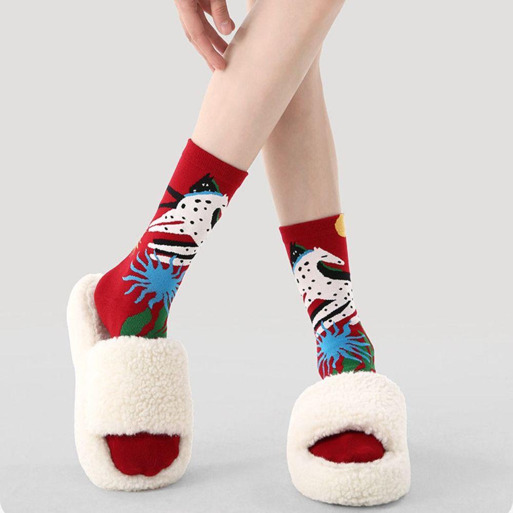 3Pairs Winter Autumn New Year Tube Socks Cartoon Red Cotton Socks Cute Year of The Horse Socks  Gift