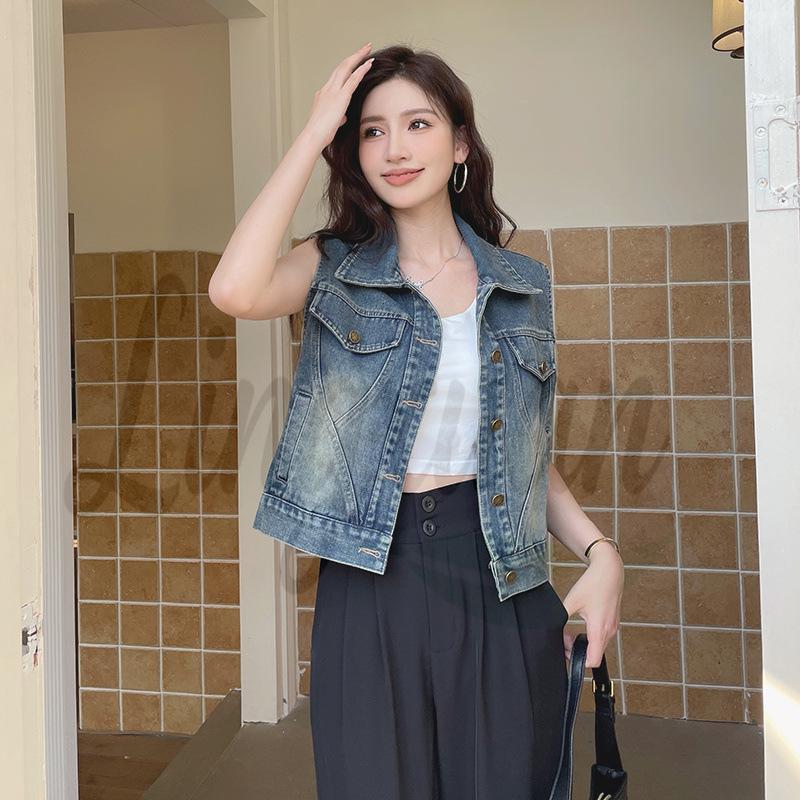 European Style Soft Denim Ribbon Vest Top for Women