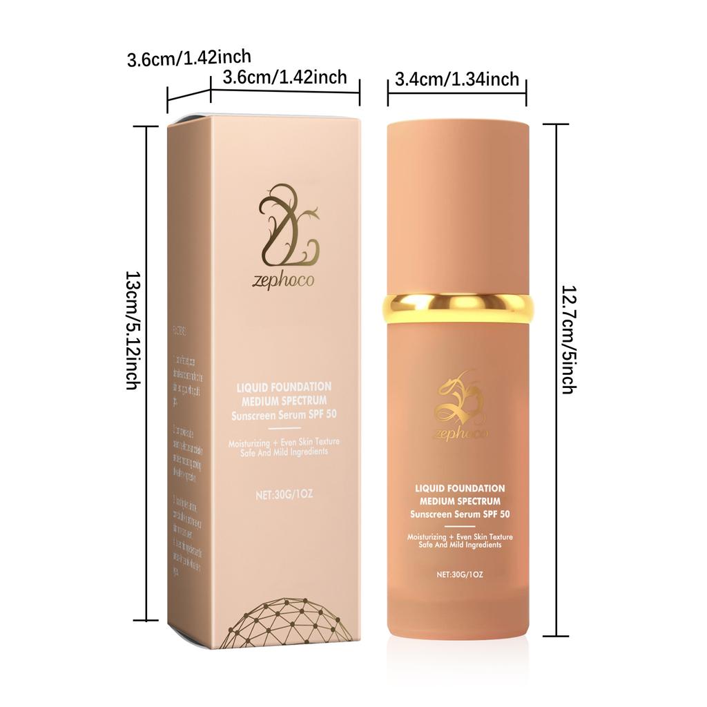 zephoco Liquid Foundation SPF 50 Sunscreen Serum: Medium Spectrum Moisturizing Base Makeup with Aloe & Hyaluronic Acid, 30g