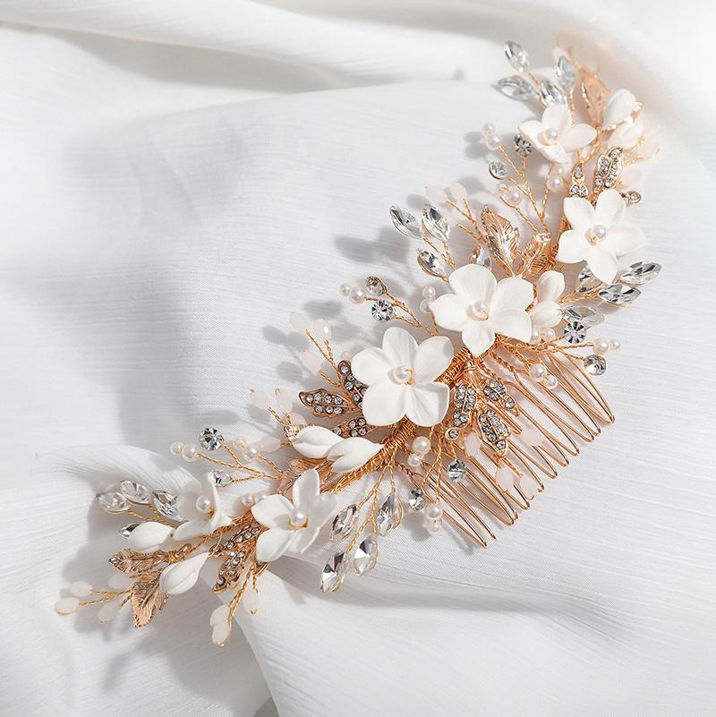 Diadema da Sposa Fiore in Argilla Ceramica Cristallo Perla Pettine per Capelli Spille Accessori Copricapo da Donna per Matrimonio Festa Idee Acconciature