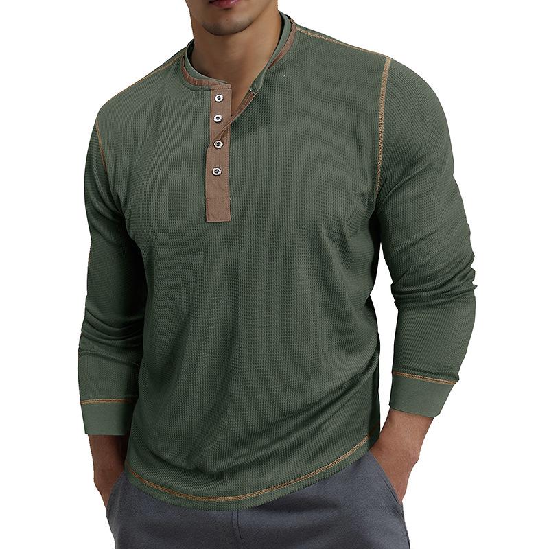 Men's Retro British Style Color Block Henley Long Sleeve Polo Shirt