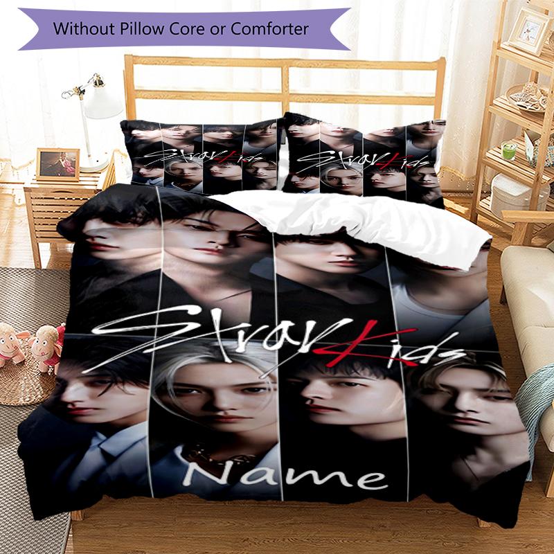 3-teiliges Bettwäsche-Set mit individuellem Namen von Stray Kids, Bettbezug mit Verschluss, beinhaltet 1 Bettbezug & 2 Kissenbezüge, Weich und bequem für alle Jahreszeiten.