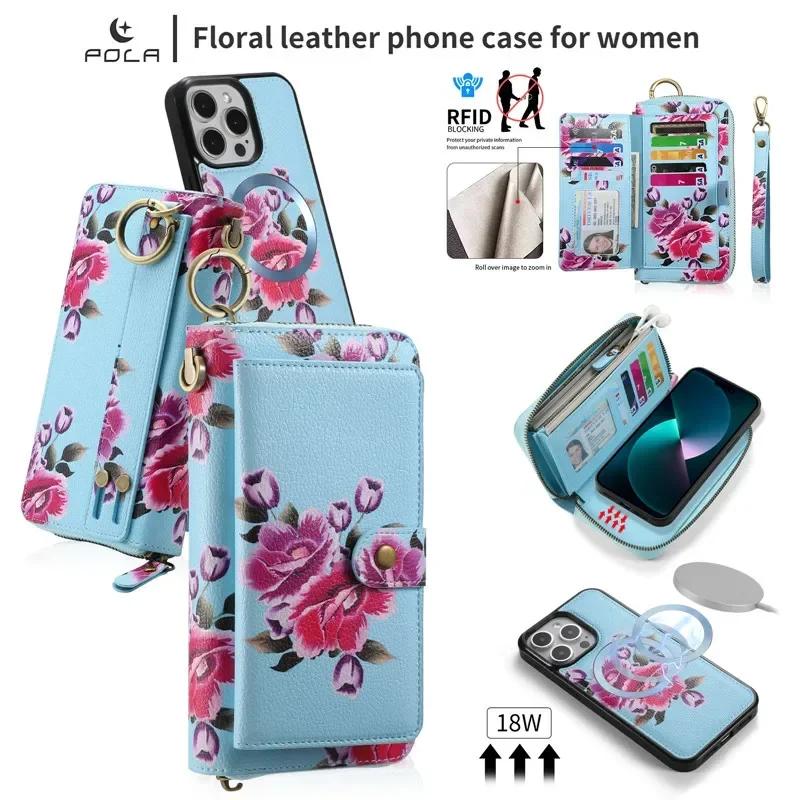 Magnetic Lanyard Leather Zipper Wallet Card Phone Case for iPhone 17 Air 16 15 Pro Max 14 Plus 13 12 11 XS XR X Flip Stand Cover