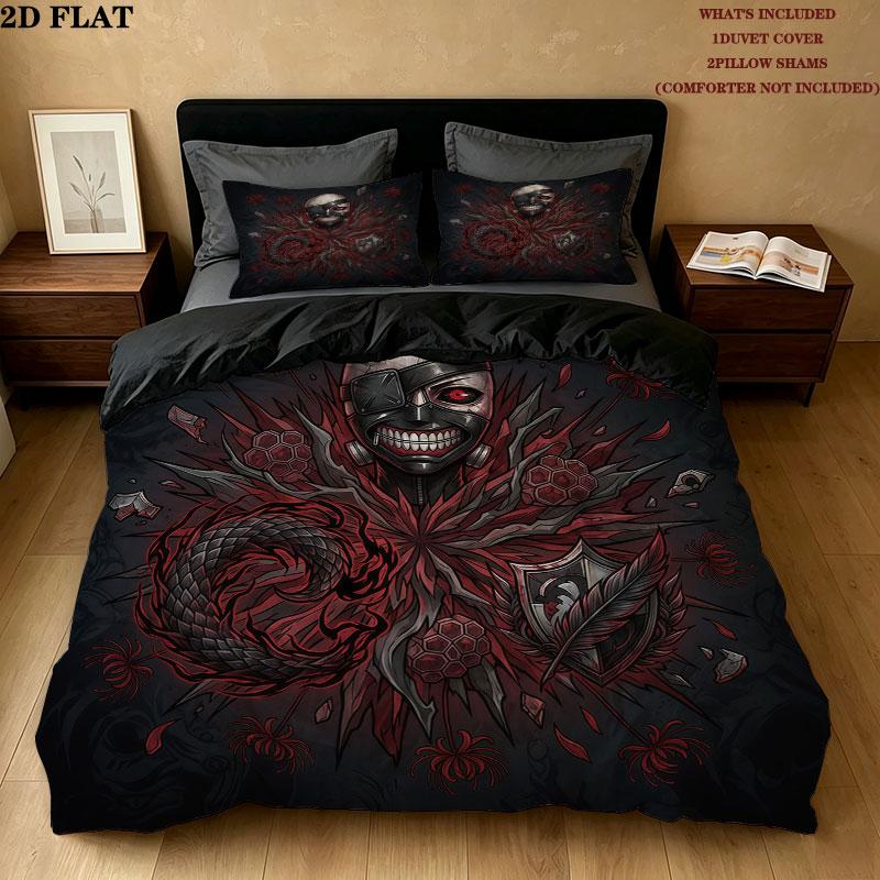 Tokyo Ghoul Vzor Povlečení Sada Prošívaných Dek Quilt Cover Povlak na Polštář Domácí Narozeninový Dárek(1 * povlak na peřinu + 2 * povlak na polštář, bez jádra)
