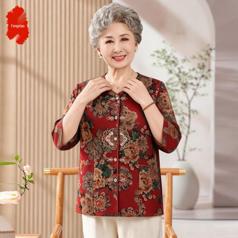 Elderly Women s Retro Chinese Floral Seven-Sleeve Shirt 3XL