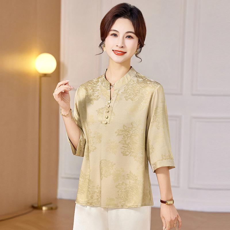 

Elegant Spring Printed T-Shirt for Middle-Aged and Elderly Mothers - Fashionable, Simple, and Comfortable Loose Fit 2XL (105-120 jin)