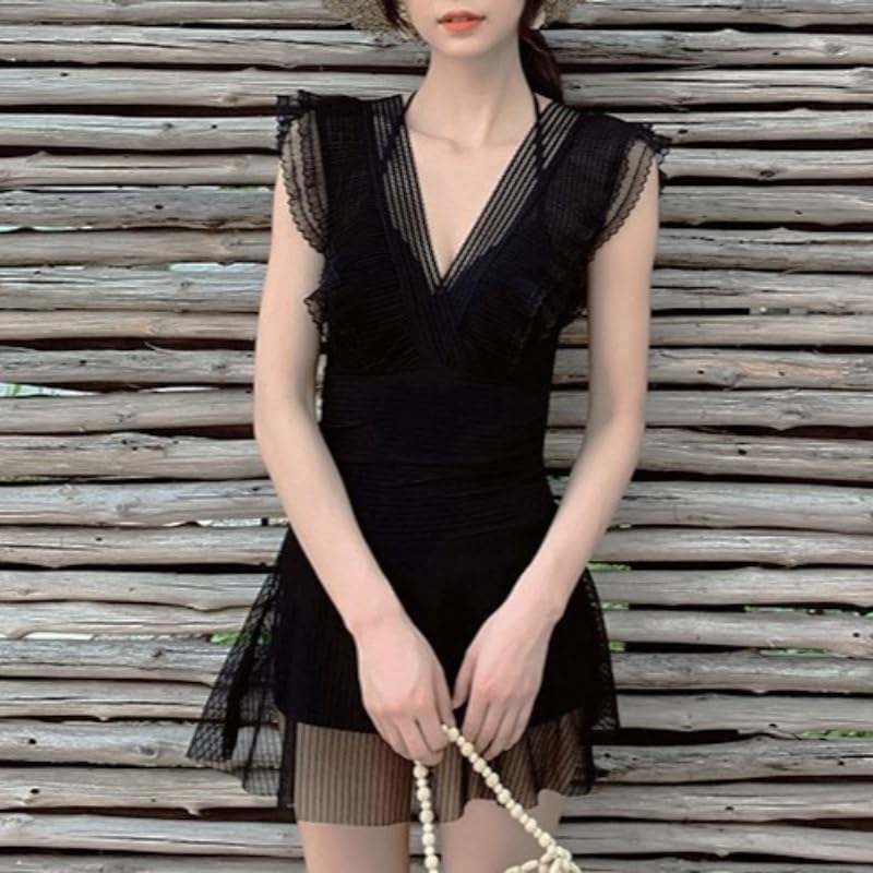 ISLAYCAOLILA Swimdress with Sheer Lace and Flared Padded and DP8 Fleur Women's One-Piece Swimsuit, V-Neck, See-Through Skirt, Wired, (L, Black)