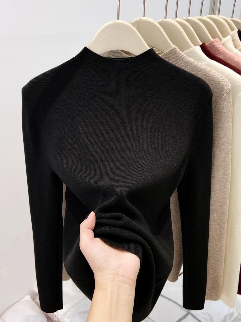 Korean version of temperament slim-fitting semi-turtleneck front shoulder long-sleeved knitted sweater for women's autumn and winter sexy pure desire