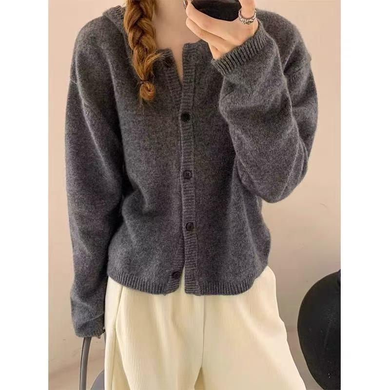 New autumn and winter simple retro hooded single-breasted knitted jacket women's plush casual knitted cardigan women's