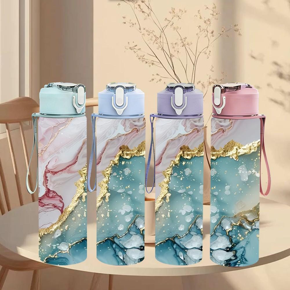 1PC Rose Gold Geode Marble Pattern 750ml Color Plastic Sports Water Bottle Leakproof Flip Straw Lid Suitable for Sports Office Home Use