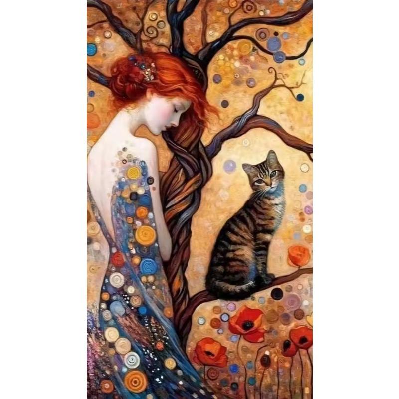 Abstrakte Frau und Katze Leinwandmalerei Wandkunst Gustav Klimt Kunst Elegantes Mädchen Posterdrucke für Büro Wohnzimmer Heimdekor