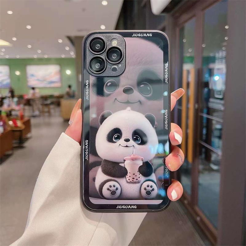Süße Panda Metallic Paint Glas Handyhülle für iPhone 15 14 13 12 11 Pro Max stoßfeste Abdeckung