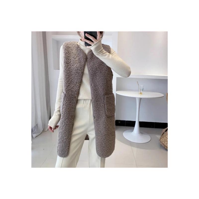 FASHION medium  long vest women's autumn  winter medium  long imitation lamb wool vest fashion new foreign versatile women's coat Clothes