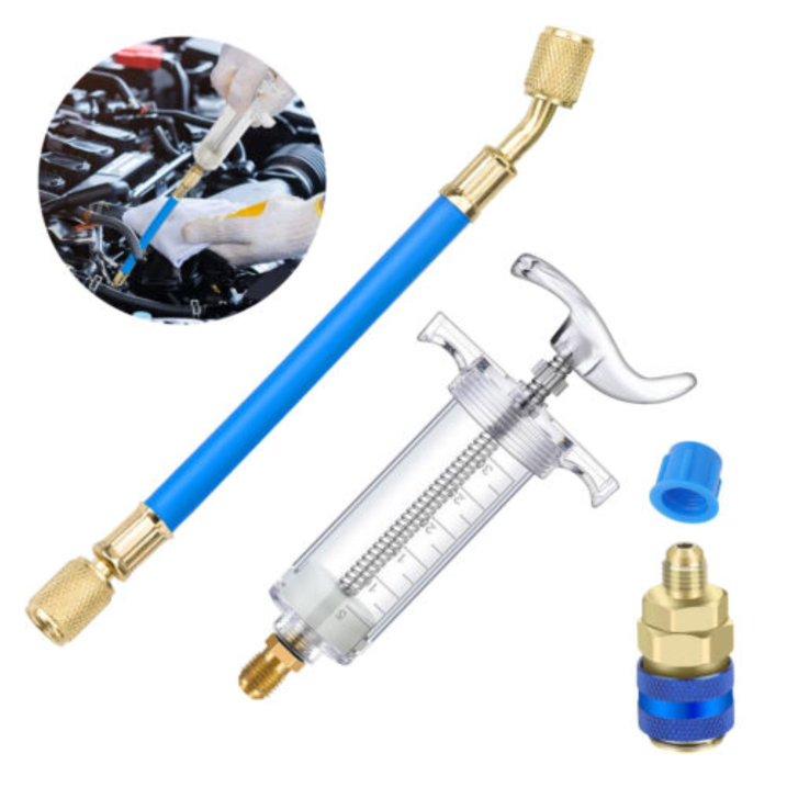 Car A/C Oil Dye Injector 30Ml 1Oz With Low Side Quick Coupler Adapter 1/4 Air Conditioning Automotive Oiler Injection Syringe