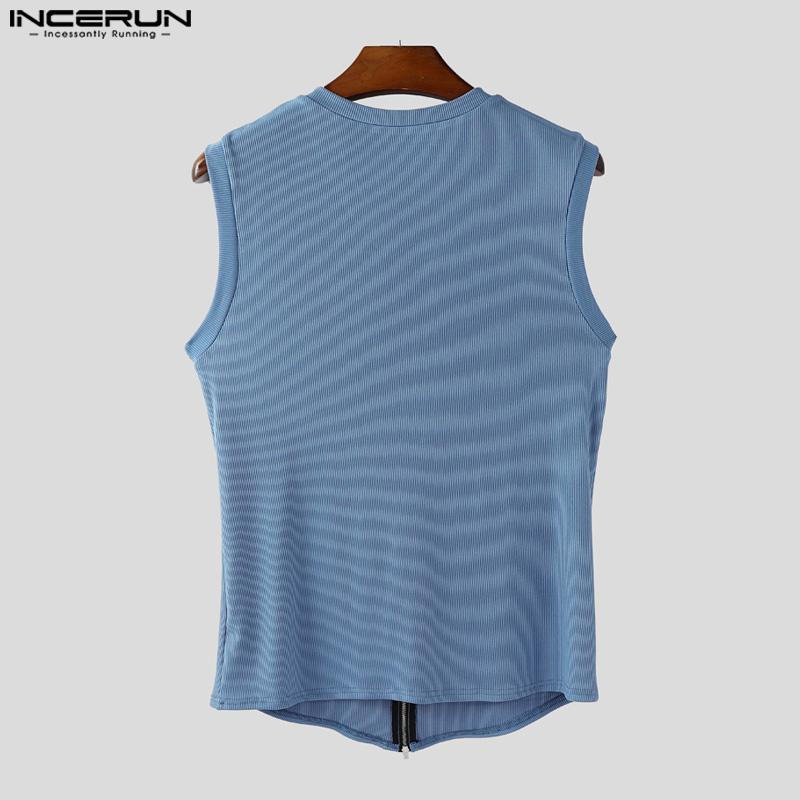 INCERUN Męskie bezrękawniki z dekoltem w serek, zapinane na zamek, w jednolitym kolorze, casualowe, prążkowane