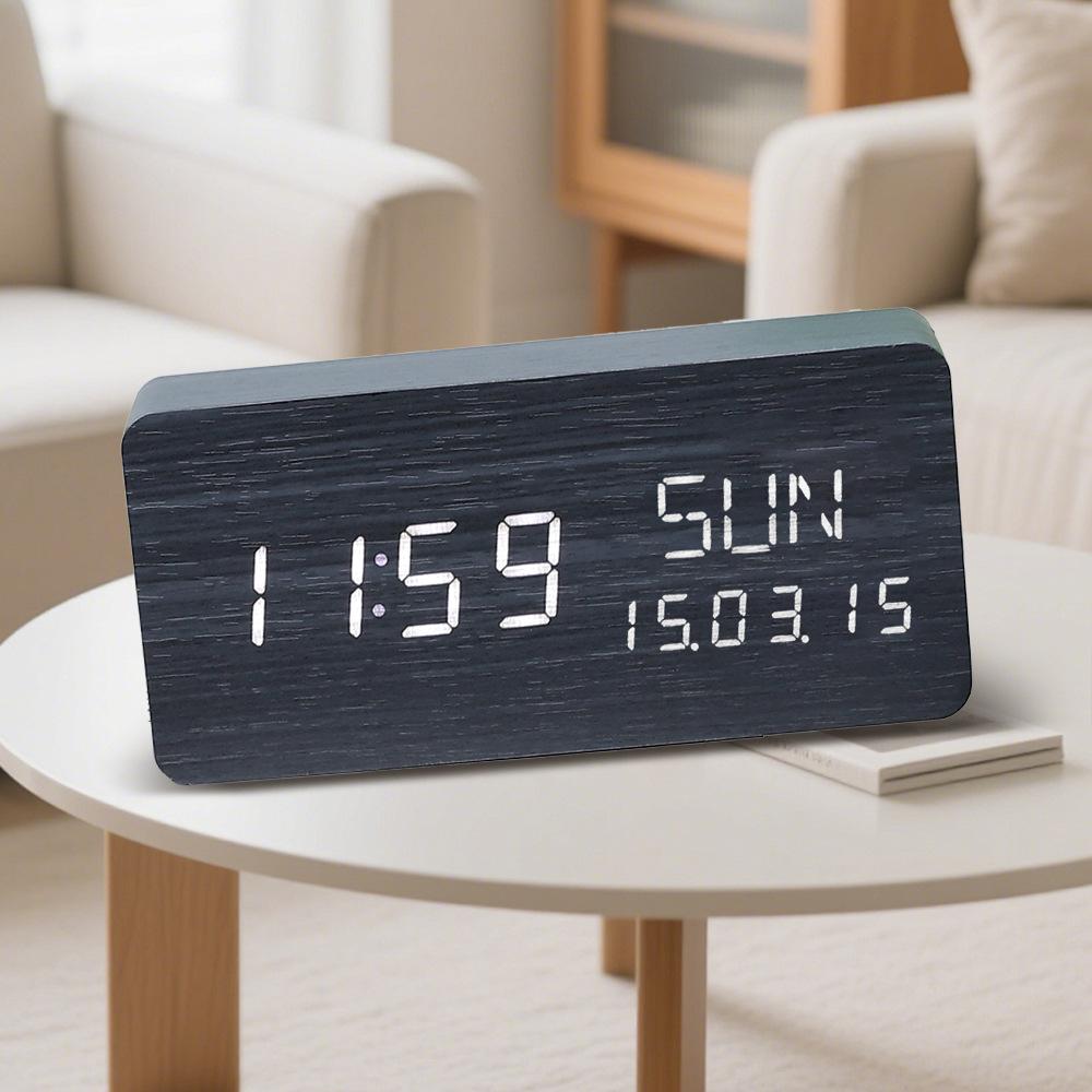 Perpetual Calendar Wooden Clock Electronic Clock Date Week Temperature Display Electronic Alarm Clock Voice Control Multifunction Clock