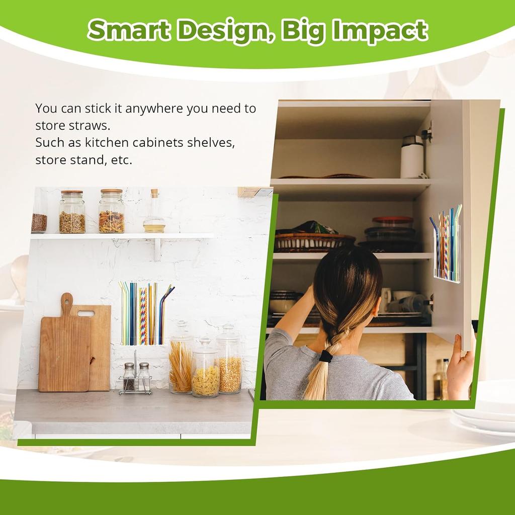 2 Pack Large Acrylic Straw Holder,Straw Rack with Double Sided Tape Organizer,Reusable Straws for Counter Cabinet Cupboard Kitchen (Clear)