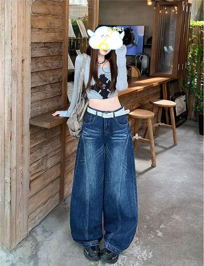 Cross-Border American Retro Washed Denim Wide-Leg Straight-Floor-Length Women s Pants M