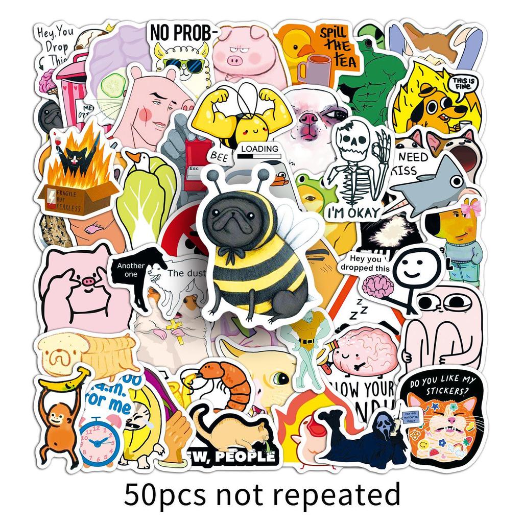 50 Trendy Waterproof Meme Graffiti Stickers: Cartoon Decorations for Skateboards, Bikes, and Thermos Cups