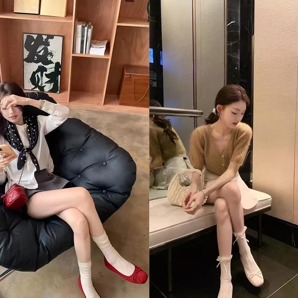 Sheepskin Version! Red Ballet Single Shoes Women's Bow Retro Evening Wind Flat Bottom Ladyshoes Square Head Shallow Mouth Grandma Shoes