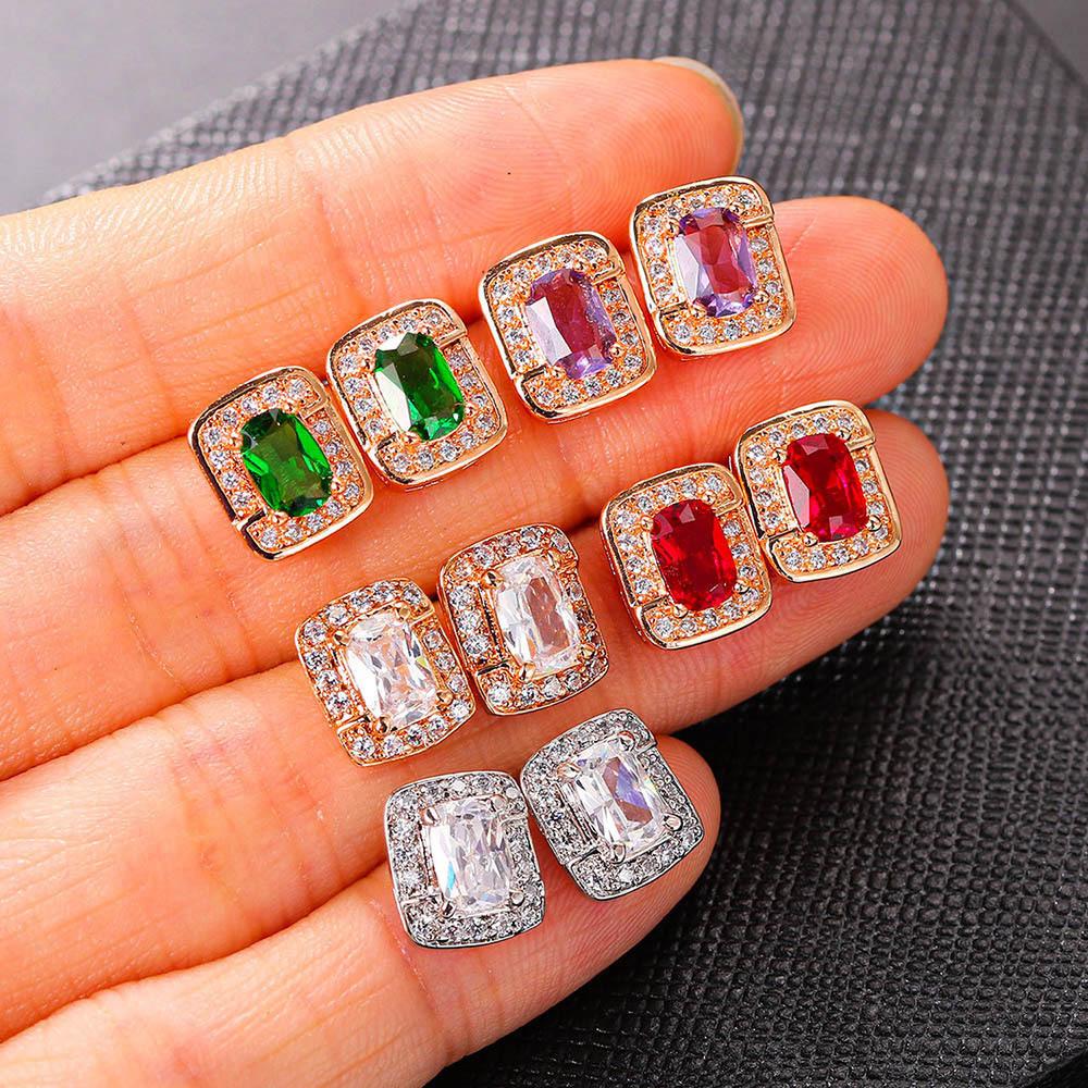 Simple Geometric Square Zircon Stud Earrings Pendant Necklace Women'S, Colored Gemstones Engagement Jewelry Set
