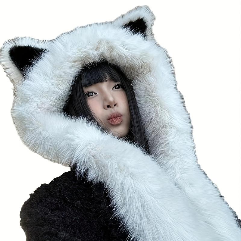 A Soft Polyester Faux Fur Cat Ear Hat with an Integrated Scarf, Suitable for Both Men And Women In Winter, Stylish And Unisex,