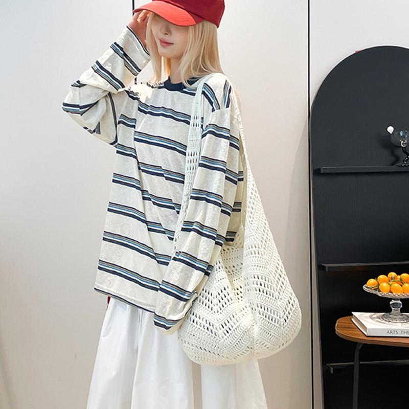 Yogodlns Casual Knitted Tote Bag Women's Summer Fashion Basket Weave Hollow Out Large Capacity Shoulder Bag for Daily Use